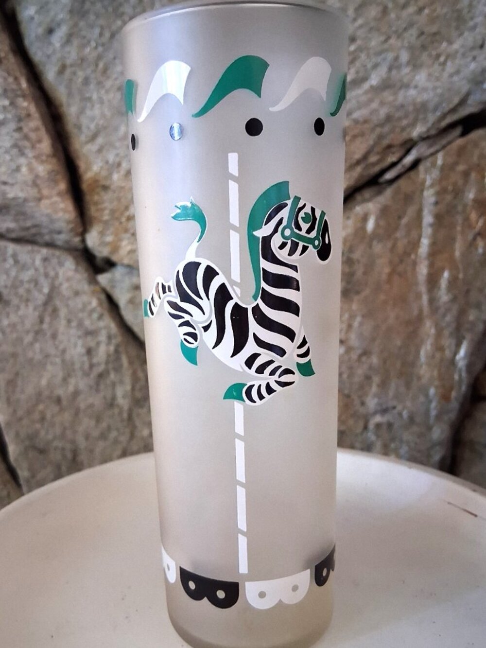 Vintage Libby Carousel Frosted Circus Merry Go Round Highball Glass Zebra